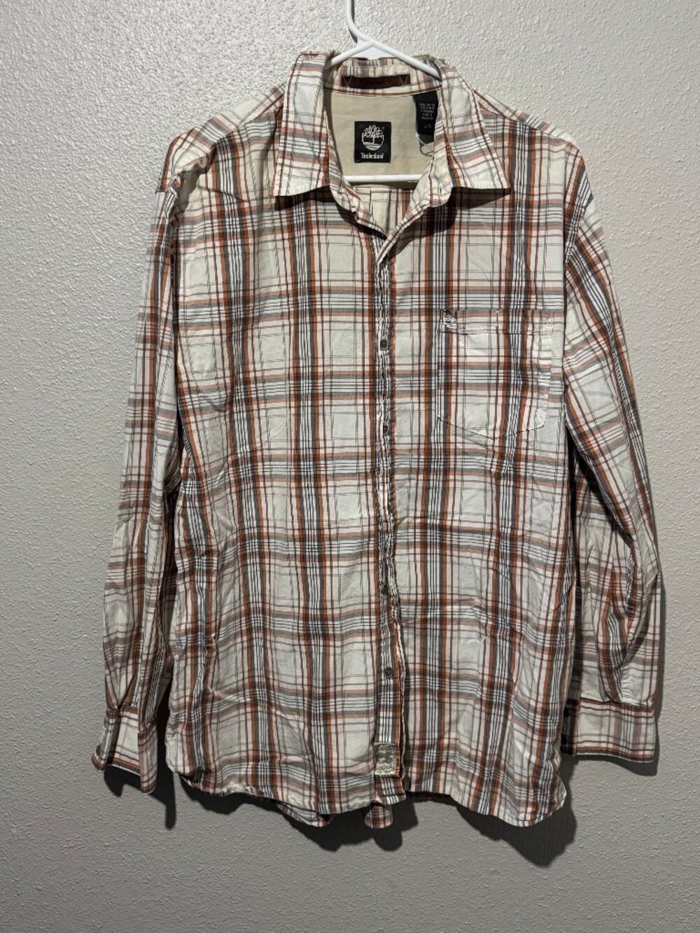 Timberland Men’s Plaid Long Sleeve Button-Up Shirt Cream Brown Size L